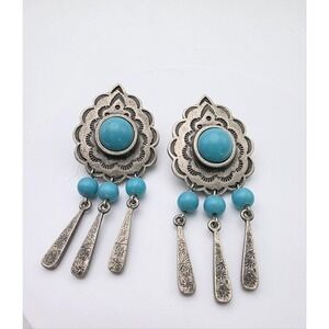 Vintage CHARMANTE Earrings Pewter & FauxTurquoise Bead Dangle‎ Drop Signed